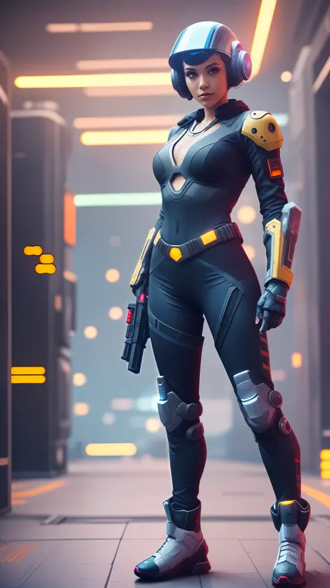 a woman in a futuristic outfit standing with a gun, full body x-force outfit, mechanized soldier girl, sci fi female character, dystopian scifi outfit, sci-fi female, wearing techwear and armor, video game character, futuristic clothing and helmet, cyberpu...