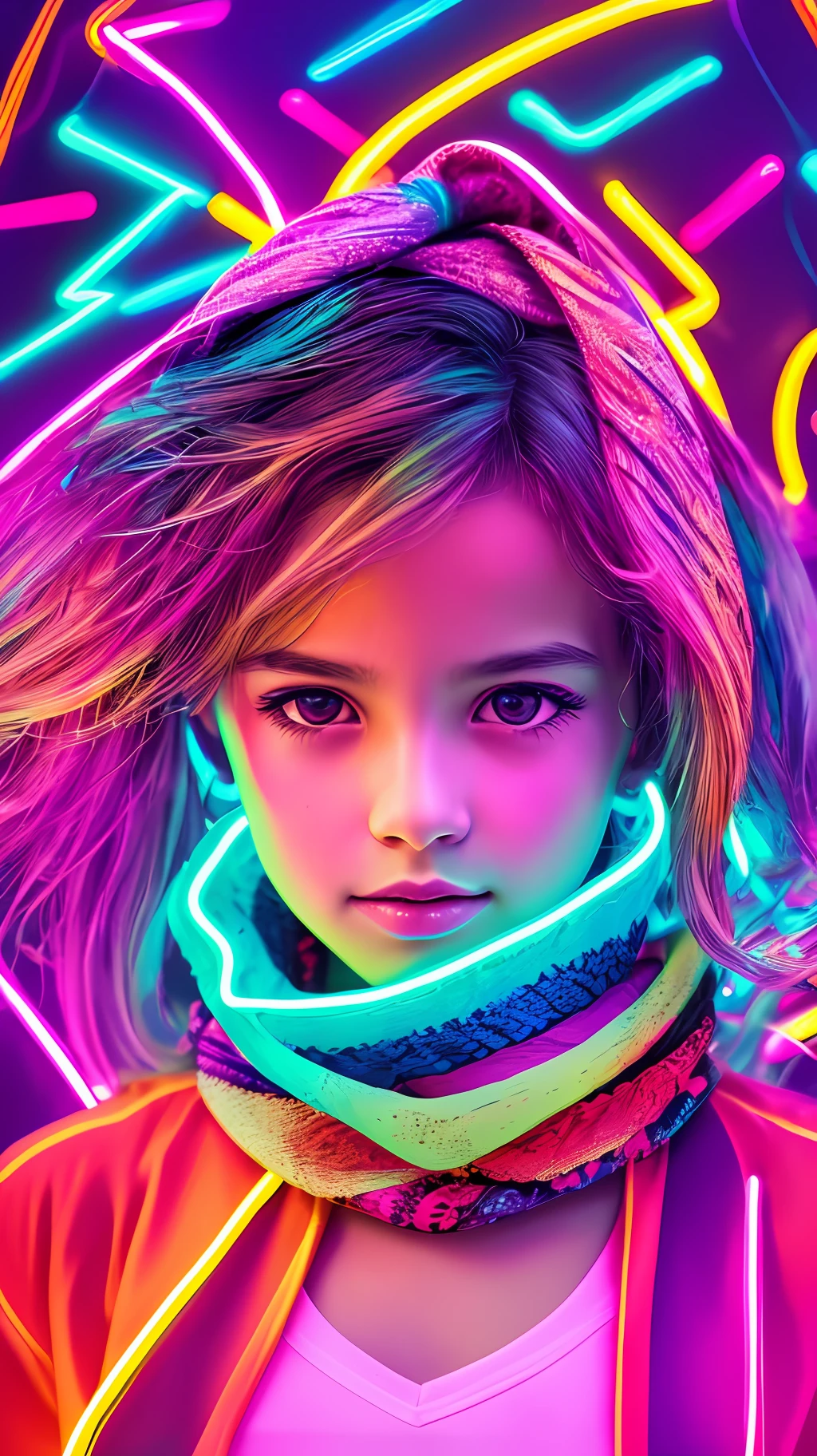 Vaporwave surreal, very detailed award winner portrait photo of a young girl in a neon holography colours scarf, visible pores, very sharp foreground, dancing neon colours background, STEVE MCCURRY photo --auto