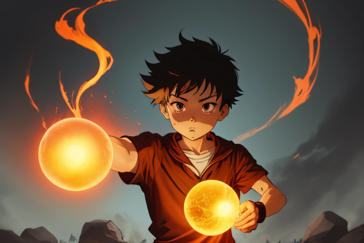caricatura de un niño sosteniendo una esfera brillante, él está lanzando un hechizo de iluminación, inspirado en Un&#39;ichi Hiratsuka, en un estilo anime, Empuñando una bola de fuego, [arte digital]! Emergiendo un poder sobre la mano