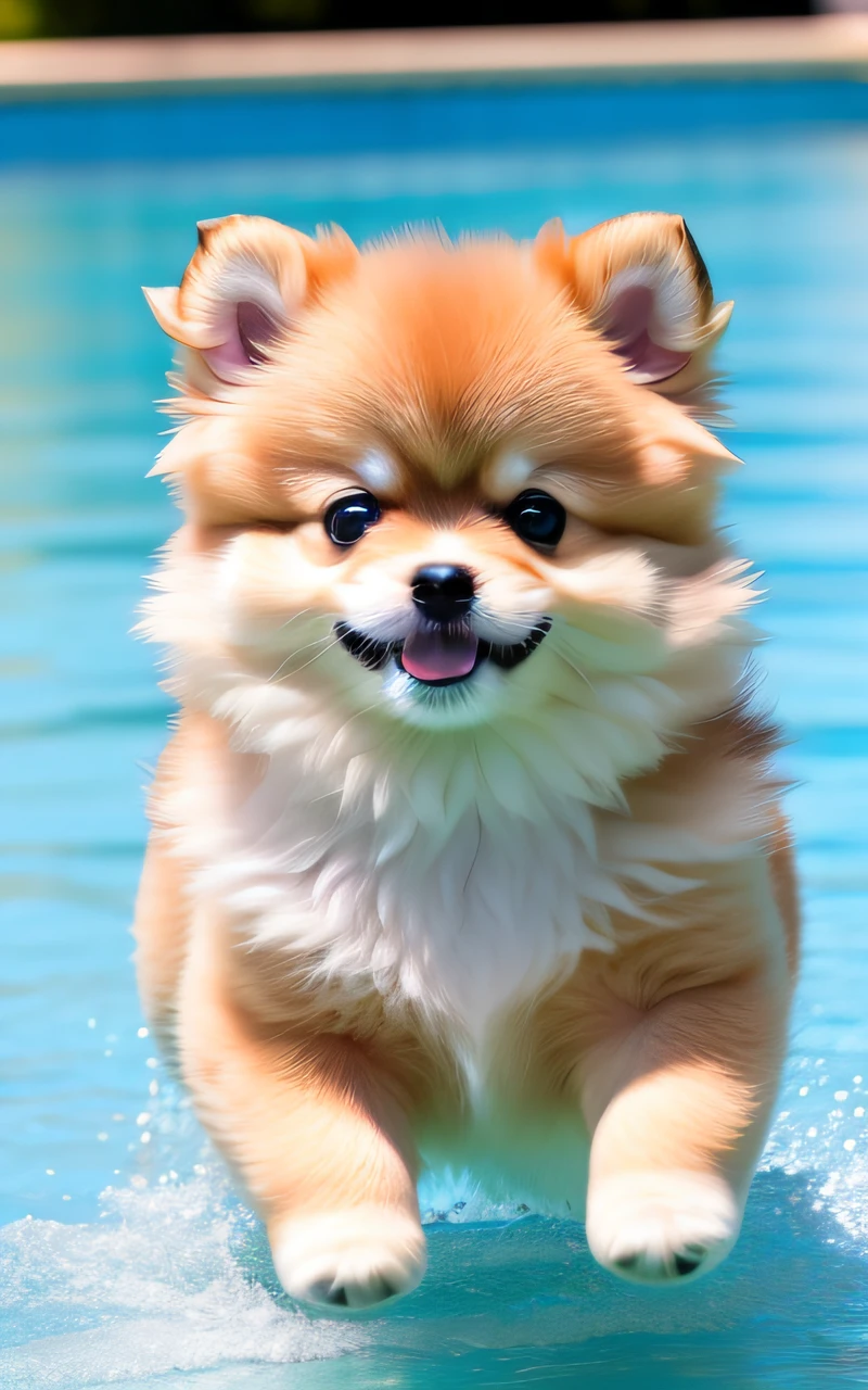 hyper qualité,Deux adorables chiots Poméraniens,différentes couleurs de carrosserie,nageant dans la piscine,aboiement,Yeux étroits,sourire,eos r3 28mm