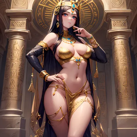 Beautiful Egyptian queen adorned in golden jewelry with a slim and sexy figure, radiating elegance and charm - create a masterpiece.
