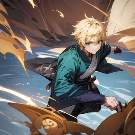 A blond boy, blue eyes, thin, blue traditional Japanese dress, with a katana, short hair, between a wind current, anime style, 2...