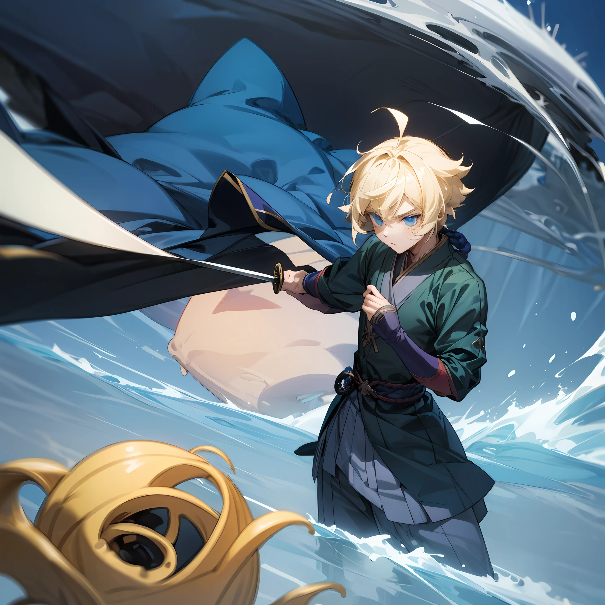 A blond boy, blue eyes, thin, blue traditional Japanese dress, with a katana, short hair, between a wind current, anime style, 2d, genshin impact style, anemo, high quality, manga --auto