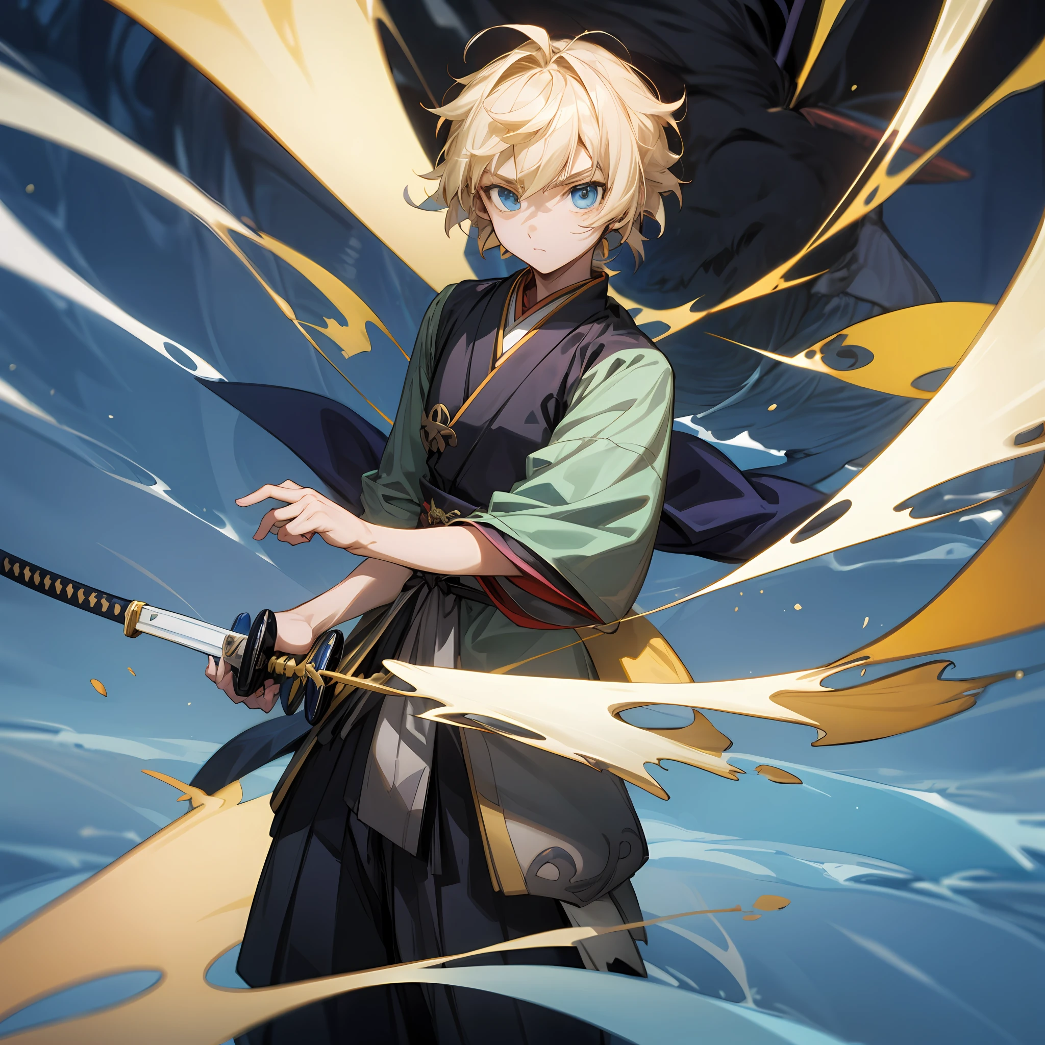 A blond boy, blue eyes, thin, blue traditional Japanese dress, with a katana, short hair, between a wind current, anime style, 2d, genshin impact style, anemo, high quality, manga --auto