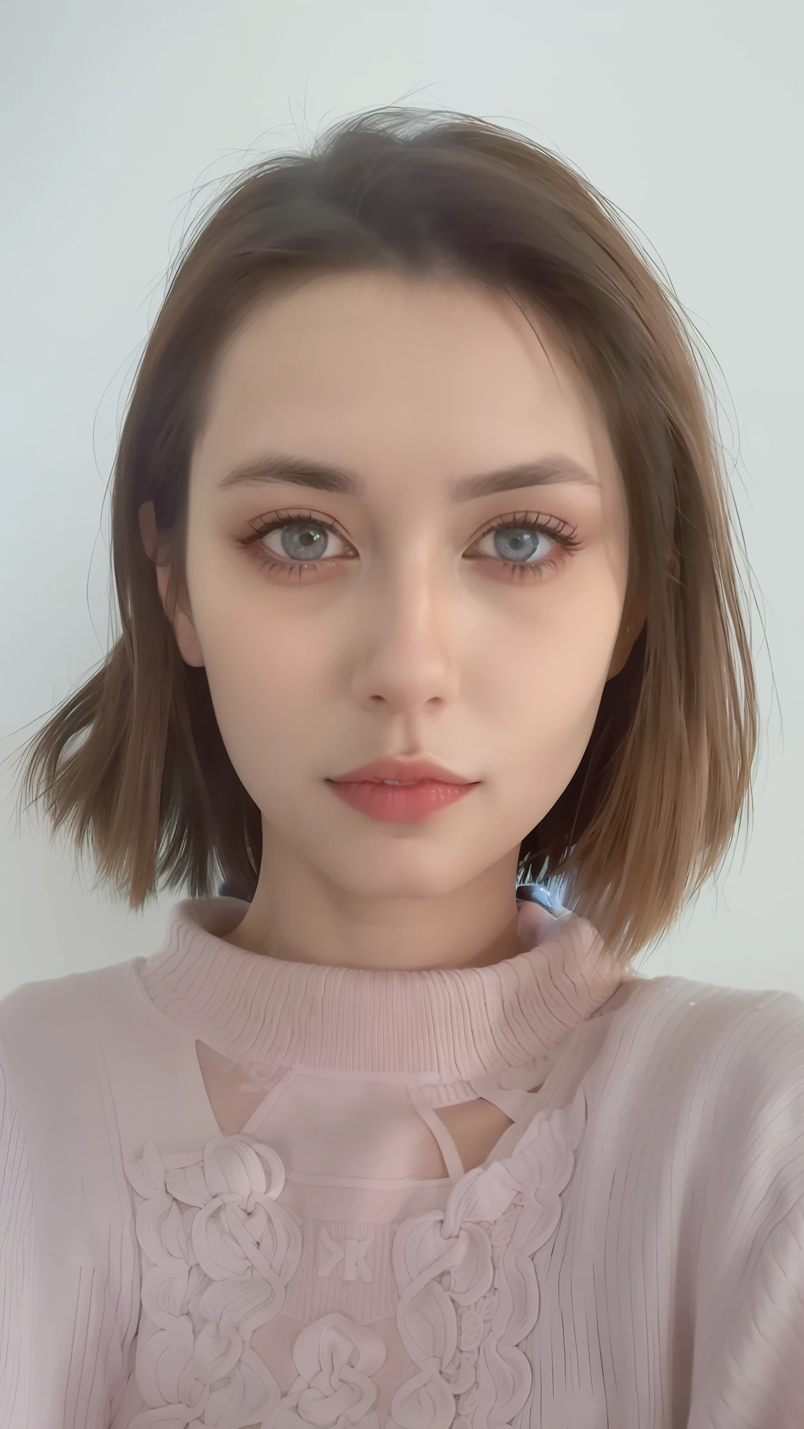 arafed woman with a pink sweater and a white background, aleksandra waliszewska, blue symmetric eyes 24yo, without makeup, magdalena radziej, looking directly at the camera, looking straight to camera, front portrait, 30-year-old french woman, frontal picture, selfie of a young woman, full face portrait