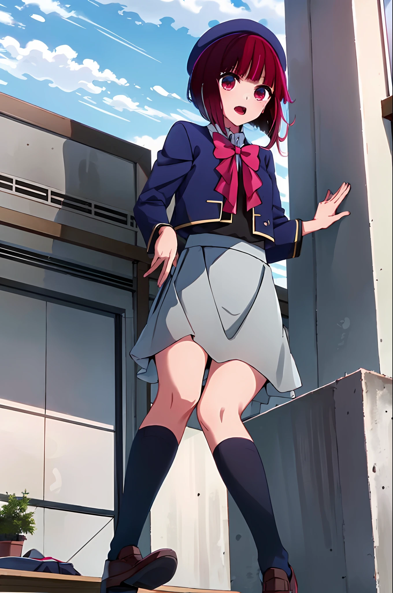 masterpiece, high quality, 8k, beautiful lighting, kanaarima, blue hat, hat, bow, pink bowtie, school uniform, blue jacket, jacket, skirt, grey skirt, 1girl, solo, shirt, white shirt, feet, black socks, sitting, classroom,( view from below:1)