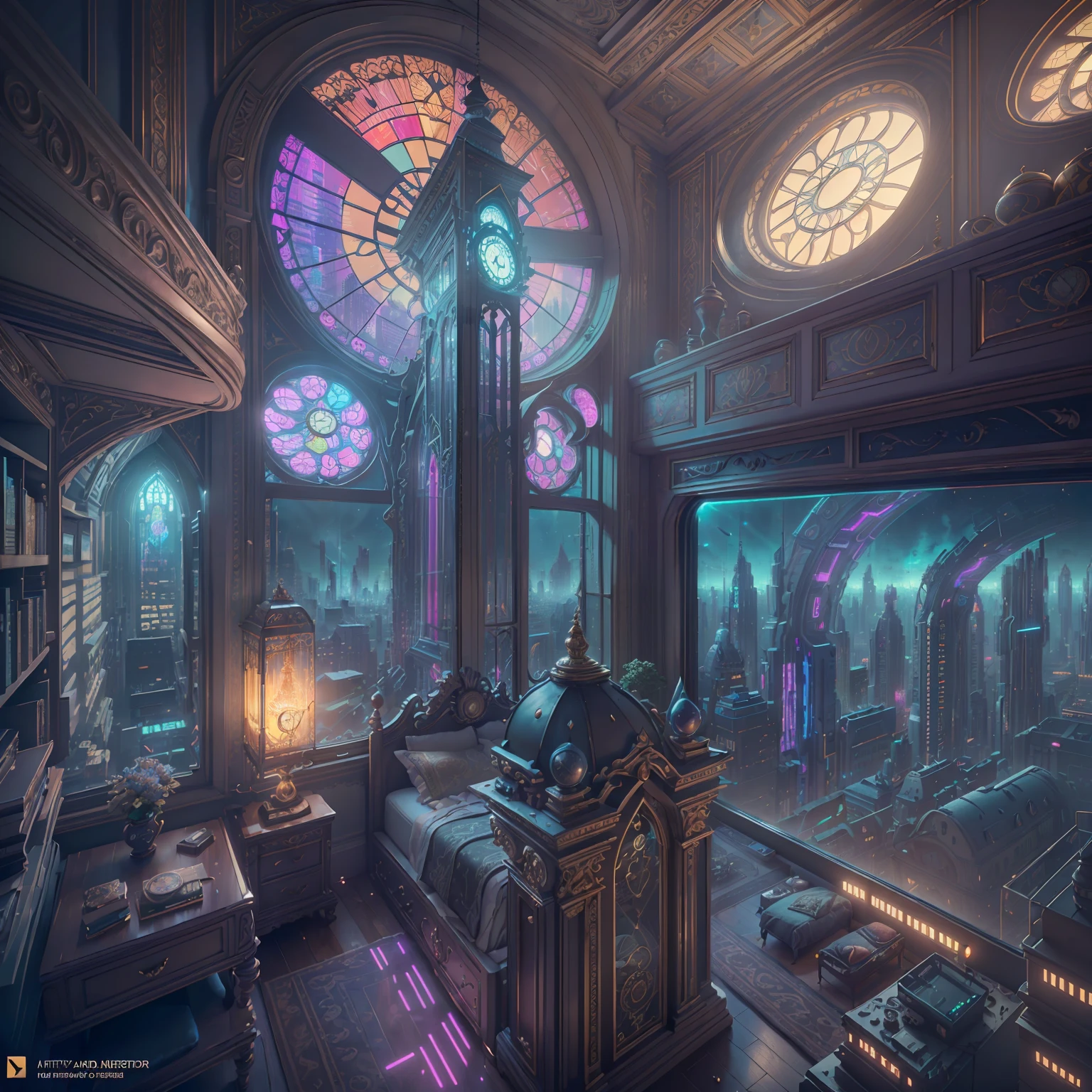 (((Generate an ornate bedroom in the style of Versailles with a big historical window.))) A hyperrealistic cyberpunk dreamscape cityscape is in the window. The cityscape is extremely detailed with many lights and LED neon colors and buildings of many different sizes. The cityscape has all colors of the rainbow and has hires interesting flying steampunk dirigibles. A giant steampunk standalone clock is seen ((through the window)). (((It is peaceful in the bedroom.))) The entire artwork is very realistic with many small details and enhancements. 3D render beeple, artstation and beeple highly, in fantasy sci-fi city, inspired by beeple, 8k, unreal engine unity CGI. Masterpiece and popular. Add many fantastical and beautiful details and nuances.