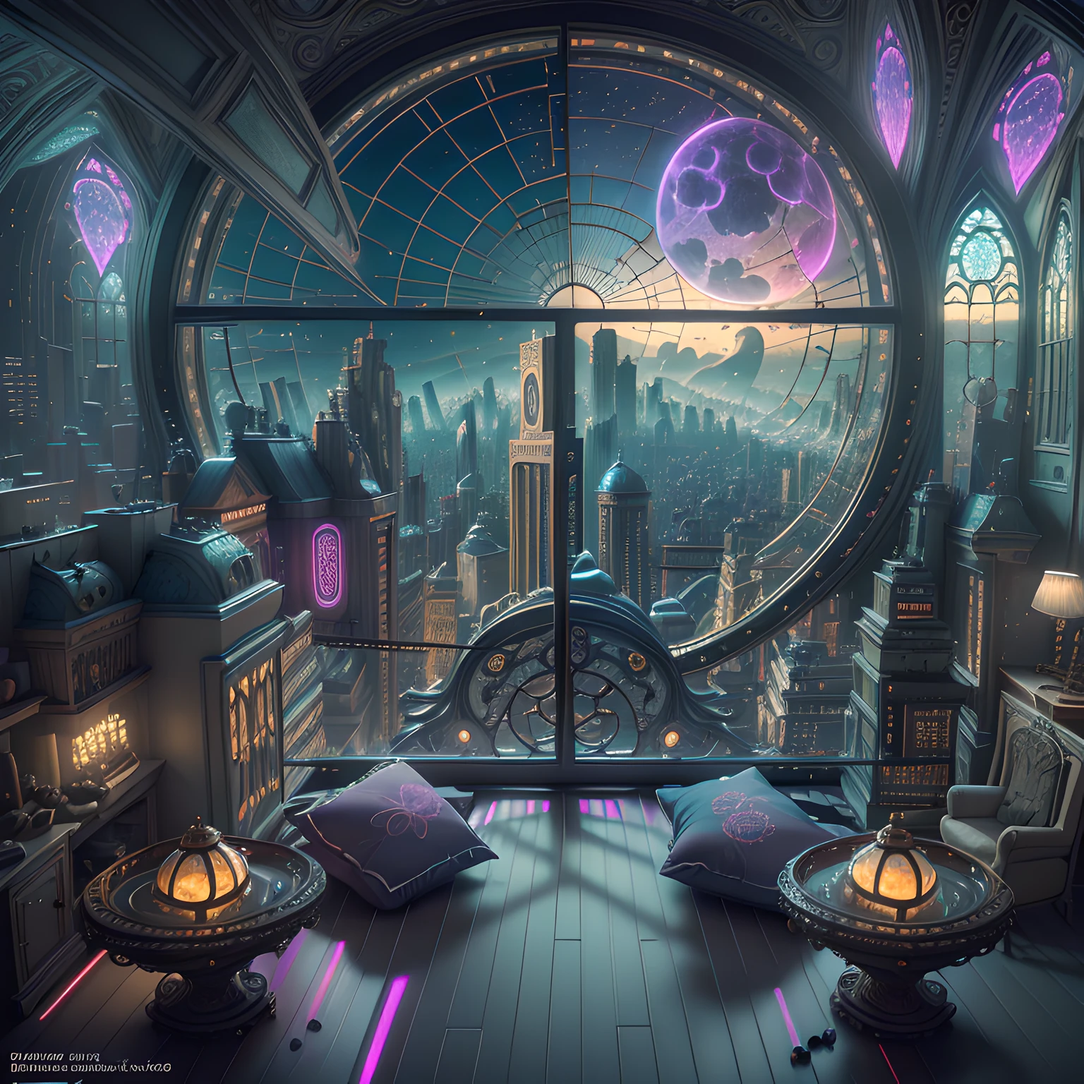 (((Generate an ornate bedroom in the style of Versailles with a big historical window.))) A hyperrealistic cyberpunk dreamscape cityscape is in the window. The cityscape is extremely detailed with many lights and LED neon colors and buildings of many different sizes. The cityscape has all colors of the rainbow and has hires interesting flying steampunk dirigibles. A giant steampunk standalone clock is seen ((through the window)). (((It is peaceful in the bedroom.))) The entire artwork is very realistic with many small details and enhancements. 3D render beeple, artstation and beeple highly, in fantasy sci-fi city, inspired by beeple, 8k, unreal engine unity CGI. Masterpiece and popular. Add many fantastical and beautiful details and nuances.