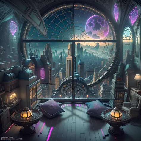 (((Generate an ornate bedroom in the style of Versailles with a big historical window.))) A hyperrealistic cyberpunk dreamscape ...