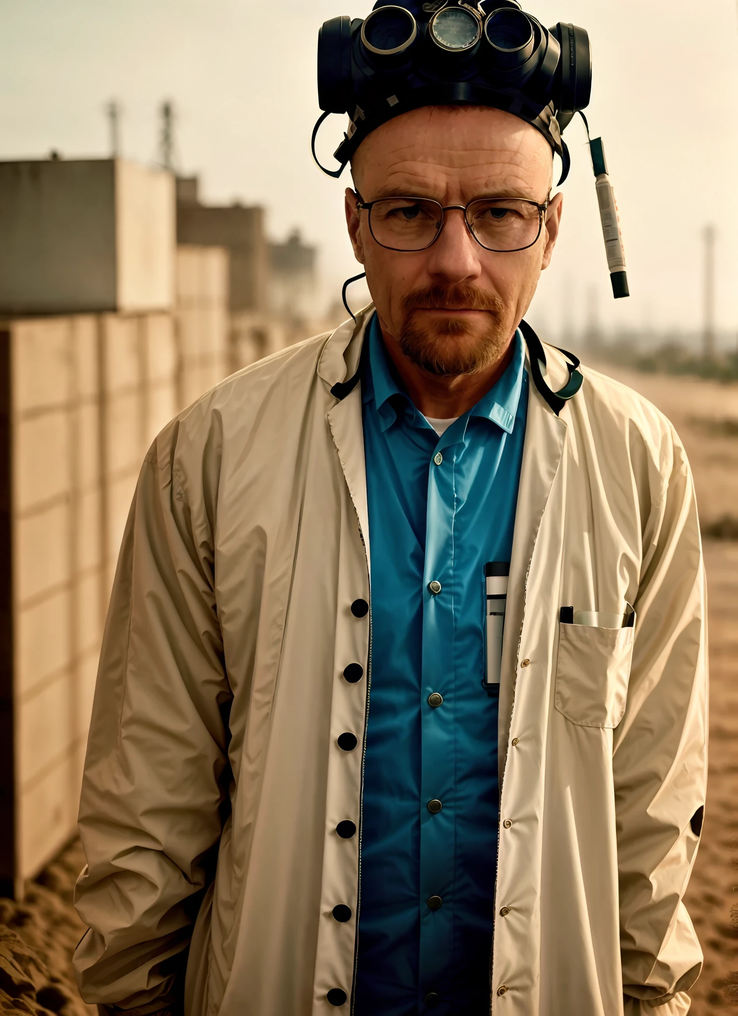 A stunning intricate full colour upper body photo of man wearing glasses, (wearing a lab coat and a gas mask on the head), bald,
epic character composition,
by ilya kuvshinov, alessio albi, nina masic,
sharp focus, natural lighting, subsurface scattering, f2, 35mm, film grain