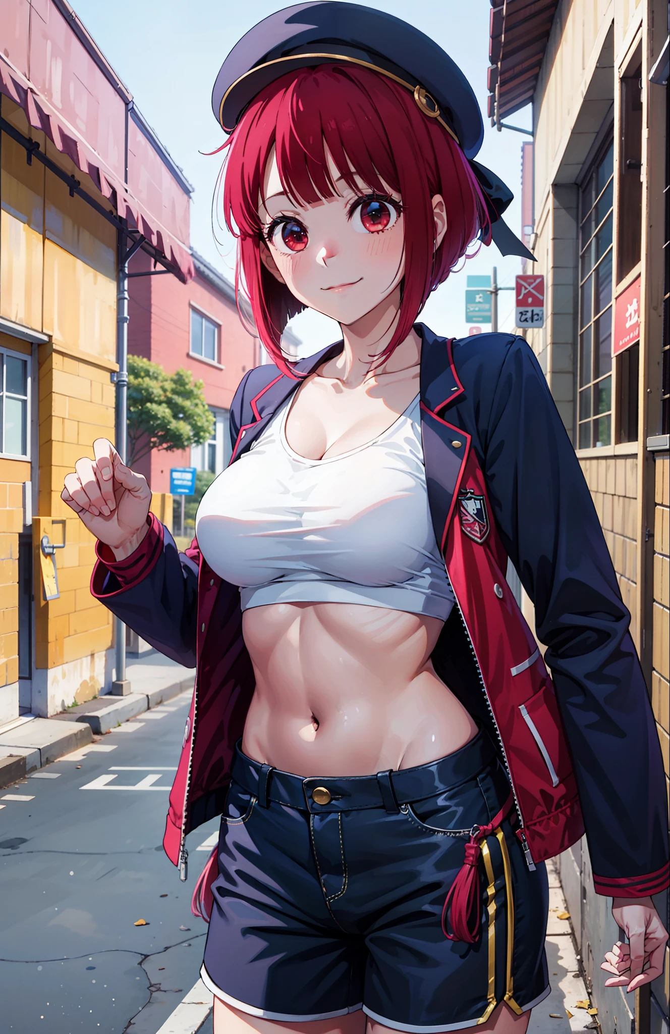 1girl, Arima Kana, hat, blue headwear, beret, blunt bangs, jacket, short jeans pants, short pants, crop top, show stomach, city road, standing, (masterpiece:1.2), highres, best quality, 8k, sexy pose, blush, shy, smile, v neck shirt, show middle boobs, breat out, stocking, very short pants,