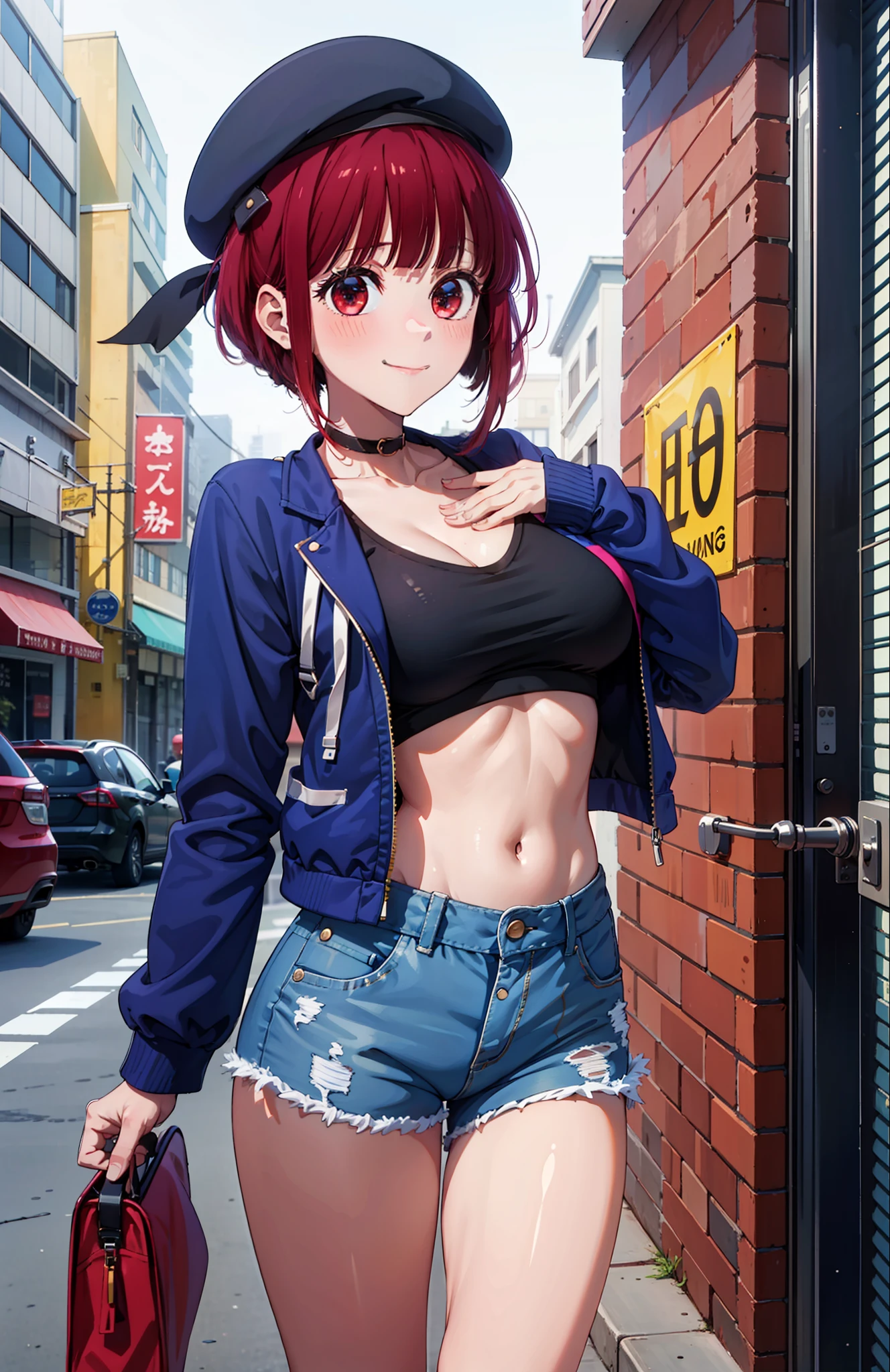 1girl, Arima Kana, hat, blue headwear, beret, blunt bangs, jacket, short jeans pants, short pants, crop top, show stomach, city road, standing, (masterpiece:1.2), highres, best quality, 8k, sexy pose, blush, shy, smile, v neck shirt, show middle , breat out, stocking, very short pants,