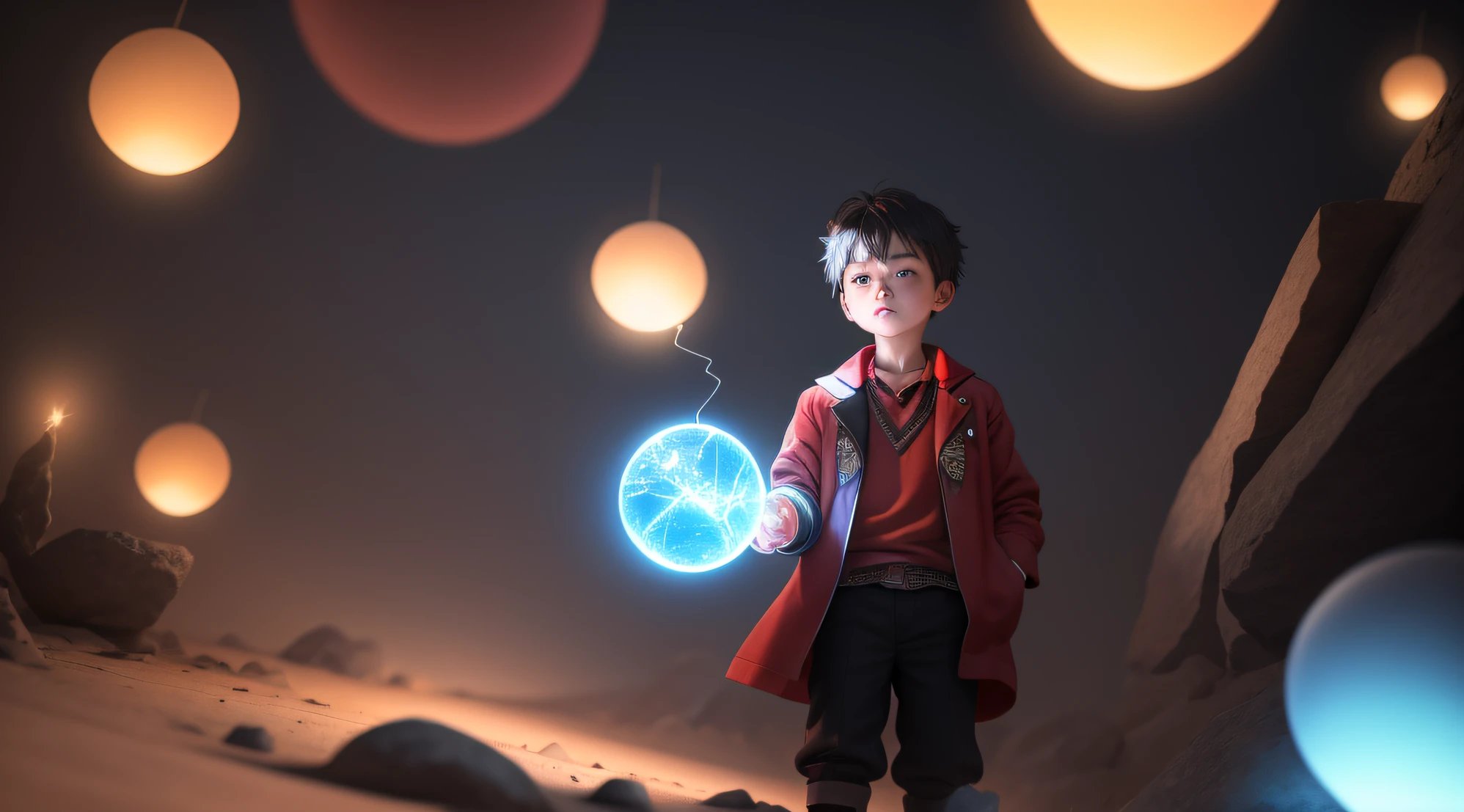 caricatura de un niño sosteniendo una esfera brillante, él está lanzando un hechizo de iluminación, inspirado en Un&#39;ichi Hiratsuka, [ arte digital 3d ]! Emergiendo una luz de poder de la mano.