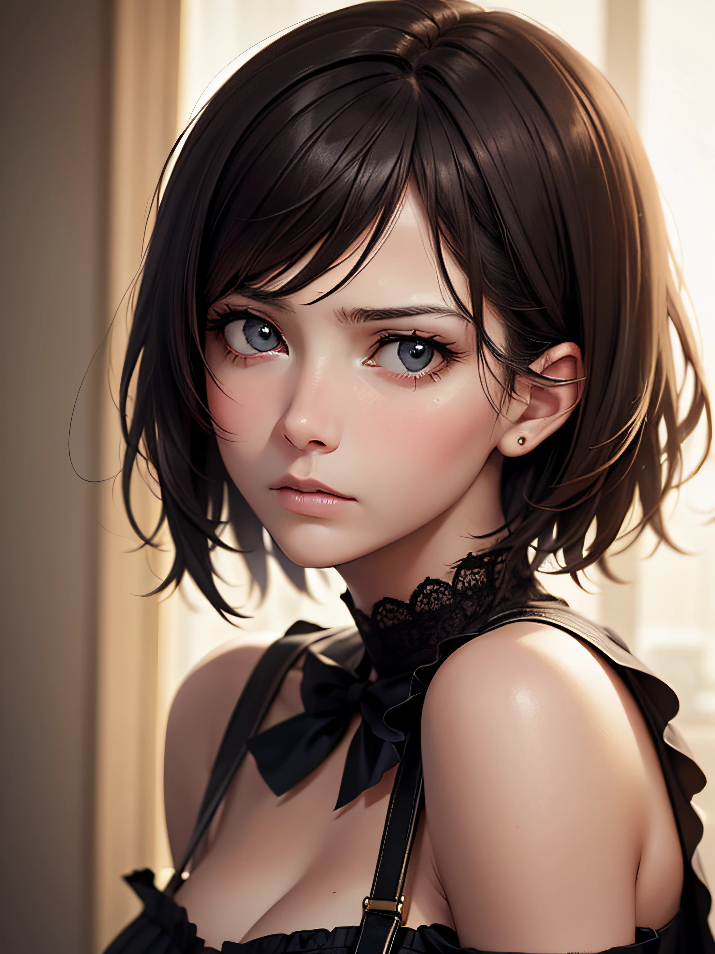 (Masterpiece: 1.3), (8k, realistic, RAW photo, best quality: 1.4), (1 girl), beautiful face, (realistic face), (brunette hair, short hair: 1.3), beautiful hairstyle, realistic eyes, beautiful detailed eyes, (realistic skin), beautiful skin, (off-the-shoulder suspenders), ridiculous, attractive, super high resolution, super realistic, rawe very detailed, golden ratio, full body portrait, disappointed expression, sadness
