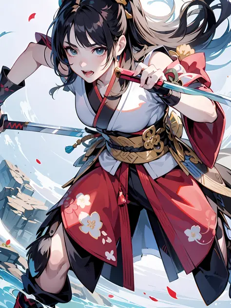 a close up of a person holding a sword in a field, onmyoji, keqing from genshin impact, she is holding a katana sword, fox nobus...