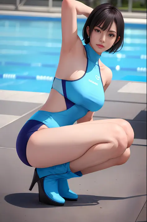 Best Picture Quality, Best Quality, 8k Picture Quality, 1 Girl, Full Body, Nagisa, Embarrassing, Blushing, Irritated, Beautiful, Light Blue Enamel, Sleeveless, High Neck Competitive Swimsuit, Hard Nipples, Crotch Tucked, Light Blue Enamel Sai High Boots Pi...