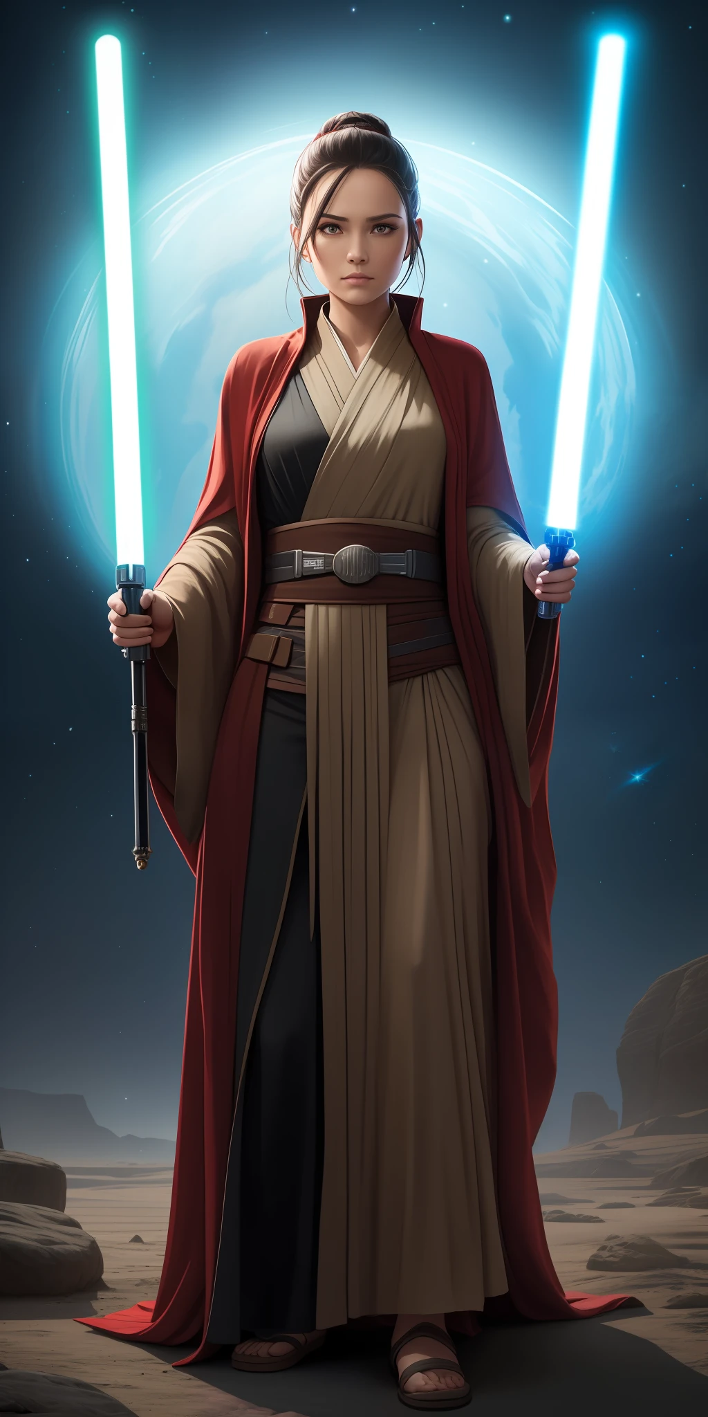 A woman in a jedi costume holding two lightsabes - SeaArt AI