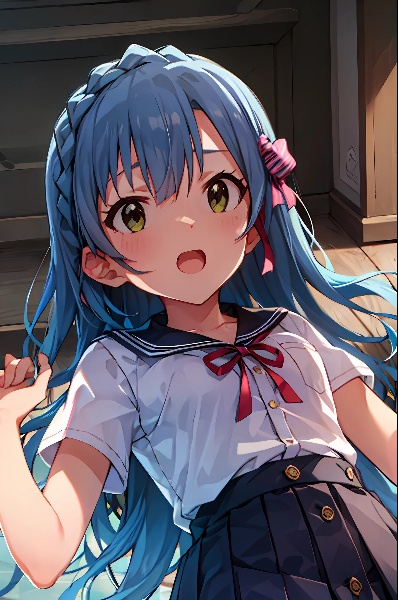 Yuriko Nanao (Million Live), (Top Quality, 8K, Masterpiece, Super Detail: 1.2), Cinematic Angle, Wide Shot, 1 Girl, Solo, Skirt, Watch Audience, Sailor Color, Pleated Skirt, Short Sleeves, School Uniform, Blush, Serafuk, Clavicle, Ribbon, Upper Body, Adjusted Hair, Wind, Floating Hair, Spread Your Arms. (((Despair face))).Night.clench your fists.Lie down.Supine.Small breasts.Watery eyes.