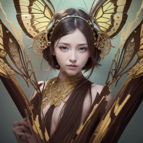8k Portrait of a Beautiful Cyborg with Brown Hair, Bust, Upper Body, Nudity, Nudity, Sexy, Intricate, Elegant, Highly Detailed, Majestic, Digital Photography, Surrealist Painting Golden Butterfly Filigree, Broken Glass, (Masterpiece, Side Light, Delicate B...