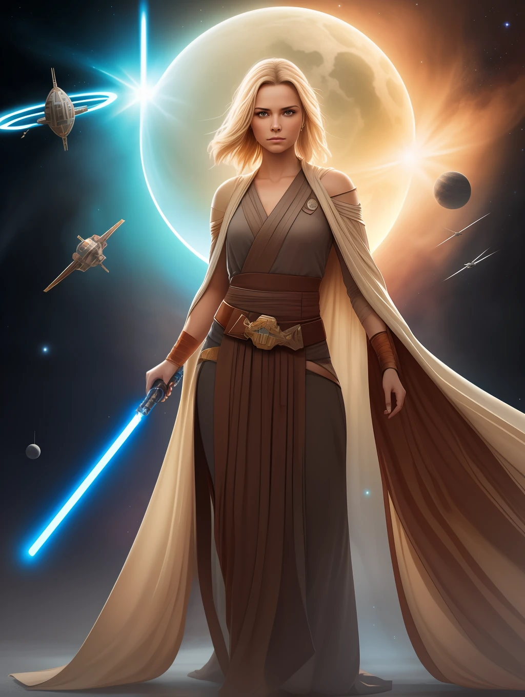 A woman in a jedi outfit holding a light saber - SeaArt AI