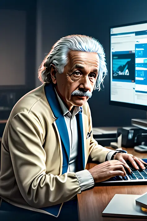 selfie. Albert Einstein, detailed face, inside his lab, typing on a laptop
,insanity scene from a movie , dramatic shot angle,  ...