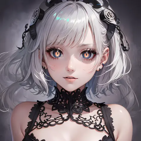 A cute girl with short white hair with bangs, ((pupils in symbol shape plus:1.4)), pupils in shapes of summing symbols, pupils with sum symbols, extremely sinister gothic scenery background, as in a horror movie from Paramount Studios--Niji:5 --s2