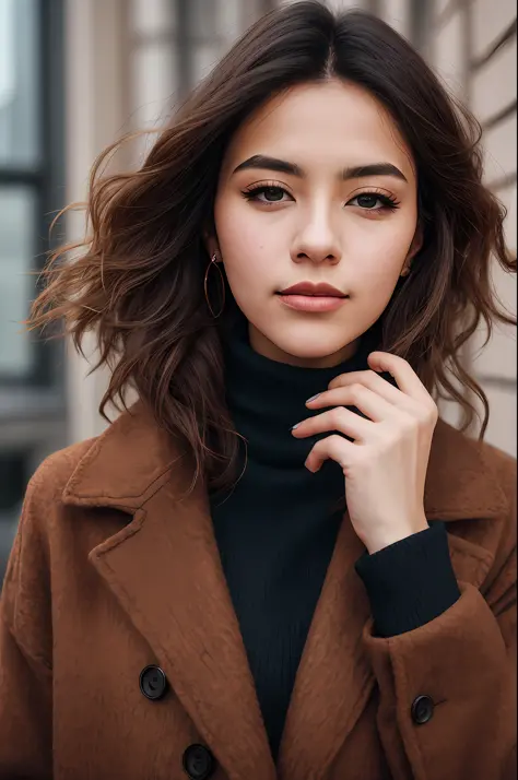 photo of (sh0hreh:0.99), a woman, RAW, close portrait photo, long brown coat, turtleneck sweater, trousers, (high detailed skin:...