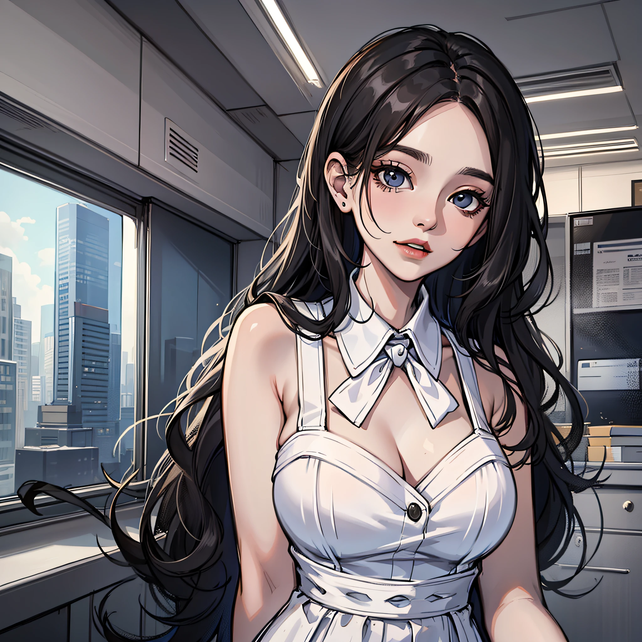 A woman with long black hair, wearing a white dress, in office, 4K, high resolution