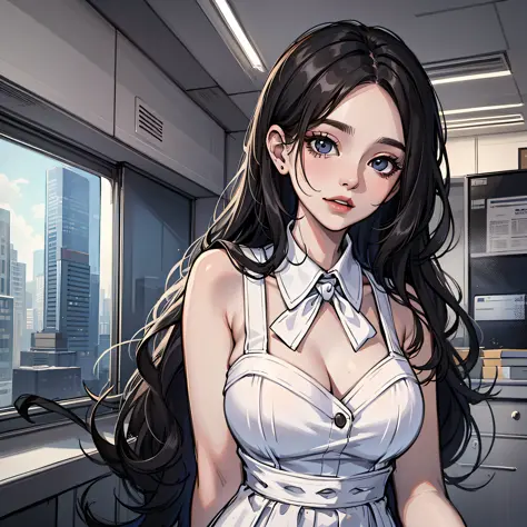 a woman with long black hair, wearing a white dress, in office, 4k, high resolution