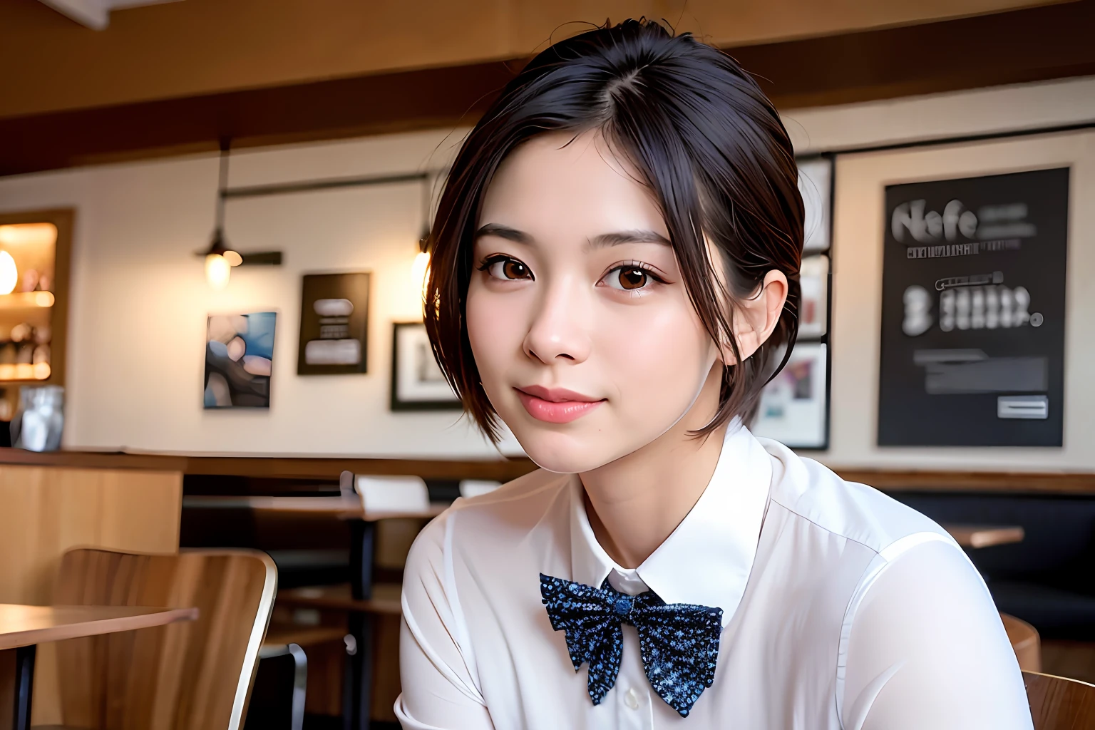 (8k, RAW photo, best quality, masterpiece:1.2), (realistic, photo-realistic:1.37), ultra-detailed, depth of field, 1 girl,cute, solo,beautiful detailed sky, detailed cafe, morning, sitting, dating, (nose blush), (smile:1.1), (closed mouth), medium breasts, beautiful detailed eyes, (collared shirt:1.1), bowtie, pleated skirt, (short hair:1.2), floating hair