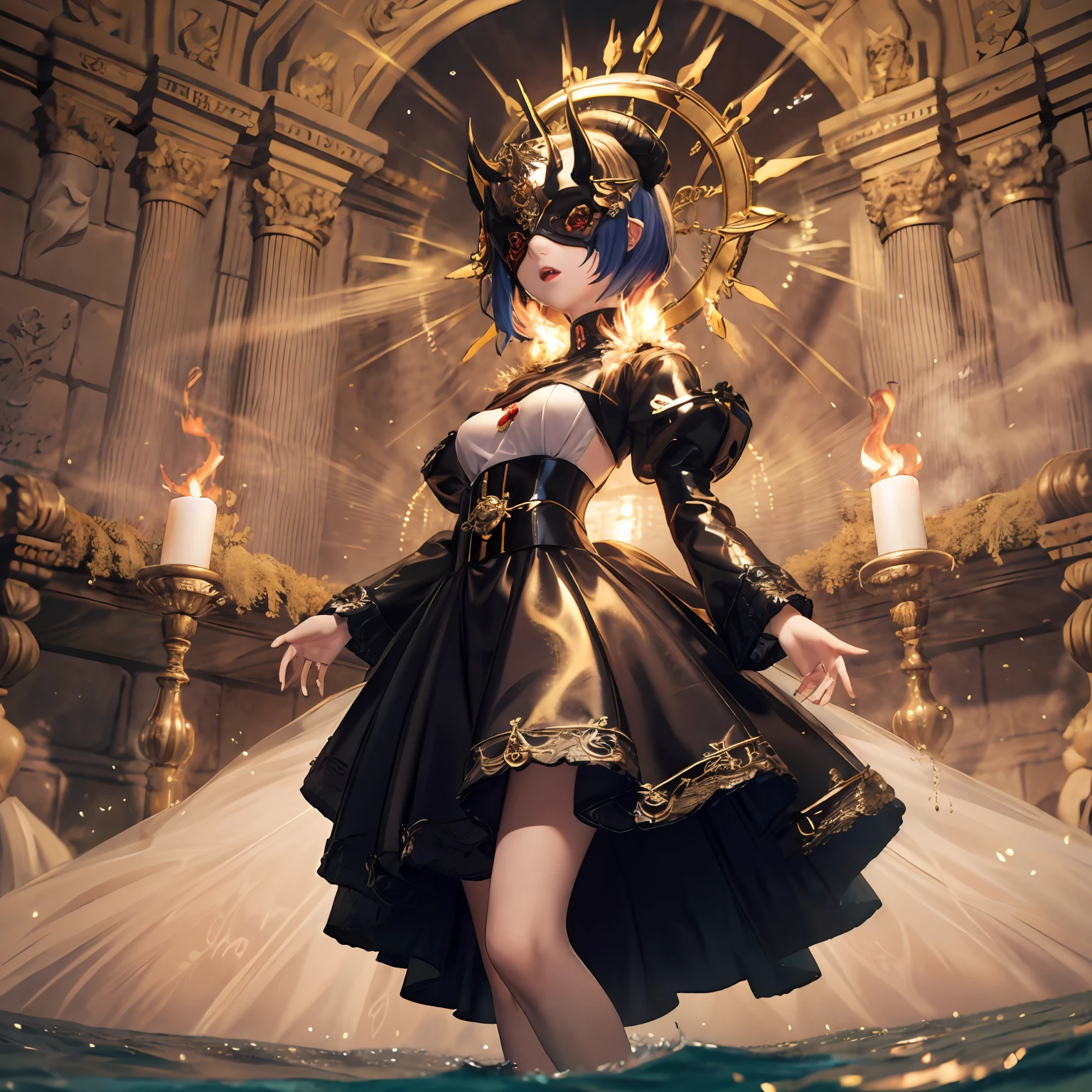 masterpiece, best quality, ultra-detailed, backlighting, 1girl wearing a halo mask, mid shot, full body, standing, short hair, disheveled hair, demon horns, (azure hair), expressionless, long gothic dress, long sleeves, tiara, small breasts, night, golden vortex in the background, surrounded by water, (indoor), in the sea, roaring waves, fire, (flames:1.05)