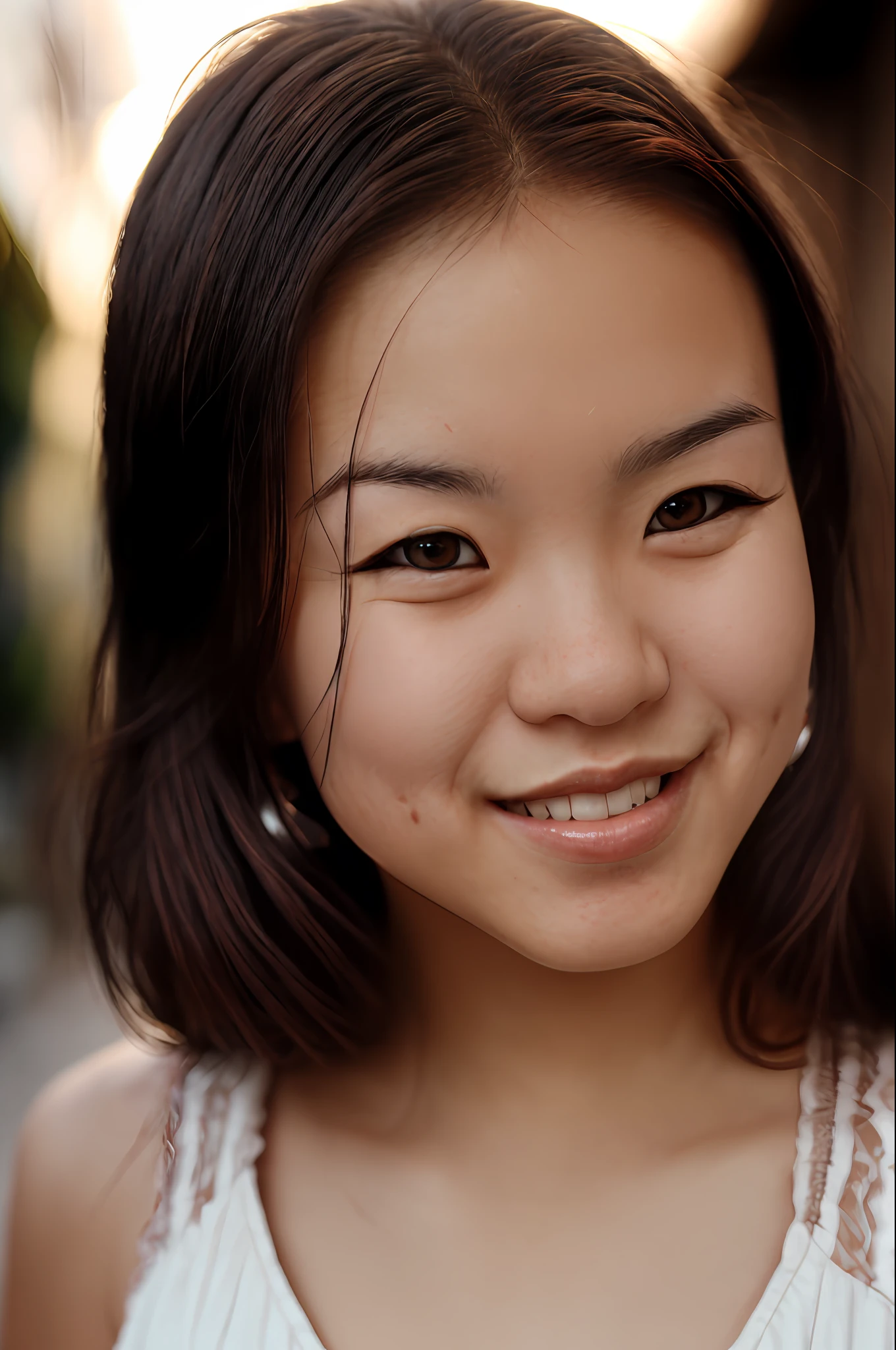 A close up of a young girl smiling with a white shirt - SeaArt AI