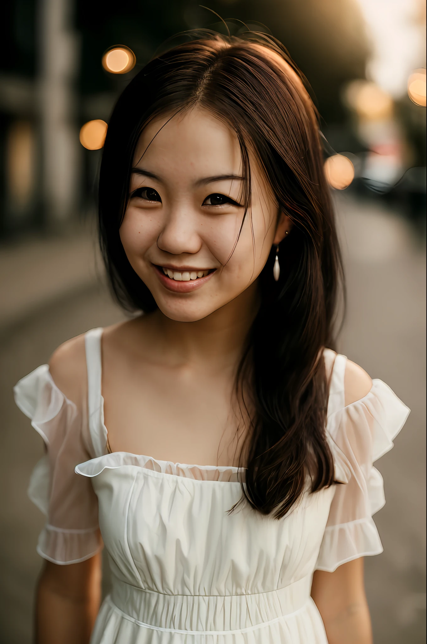 Amai Liu, (sharp focus:1.2), photo, attractive young KariSweets, (handsome face:1.1), detailed eyes, lush lips, (cat eye makeup:0.85), (smile:1.2), wearing (dress:1.2) in one (night street:1.2). (moody lighting: 1.2), depth of field, bokeh, 4K, HDR. by (James C. Christensen:1.2| Jeremy Lipking:1.1).