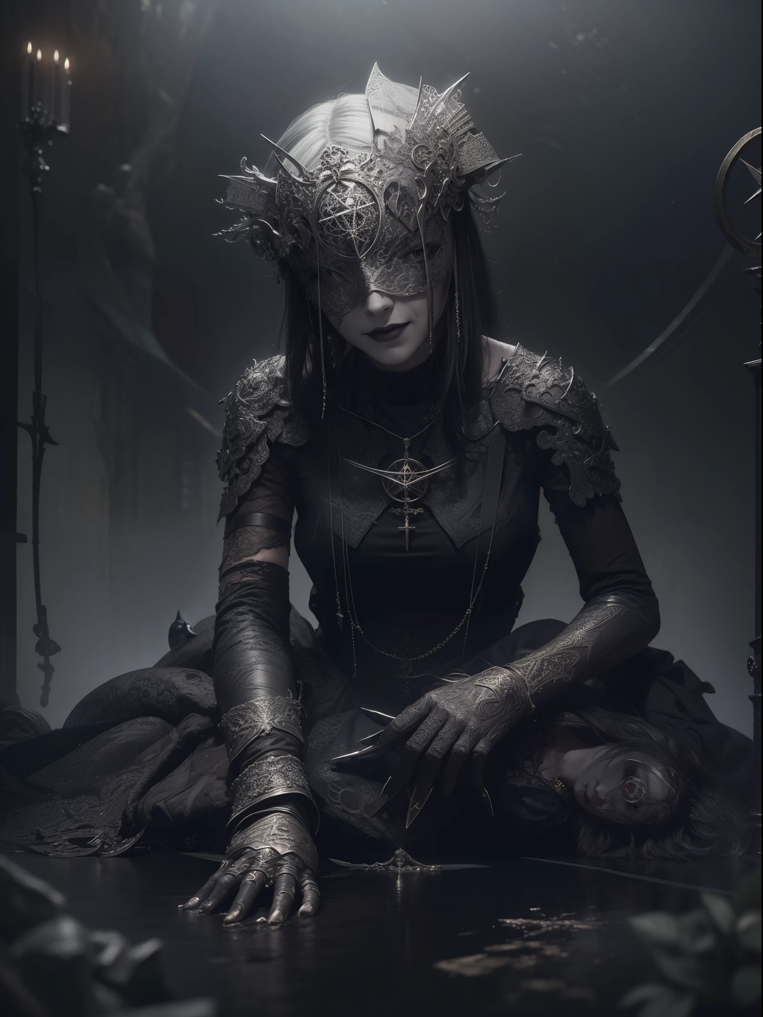 (Masterpiece:1), realistic, ((cinematic lighting)), official art, unity 8k wallpaper, ultra detailed, beautiful and aesthetic, High quality, beautiful, best quality, ((occult symbols)), esoteric, holy divination, fractal patterns, (a sister), a madure 40 years old woman wearing a silver blind mask, (smile: 0.8), thin and slender, black long hair (black hair: 1.2), black lips, perfect hands, perfect fingers, straight hair, choker, (black clothes), armor, ((Cassock)), capelet, elbow gloves, a crow (a crow: 1.2), on side, full body (from below, dutch_angle: 1.1), dutch angle, gothic cemetery, horror, dark_fantasy.
