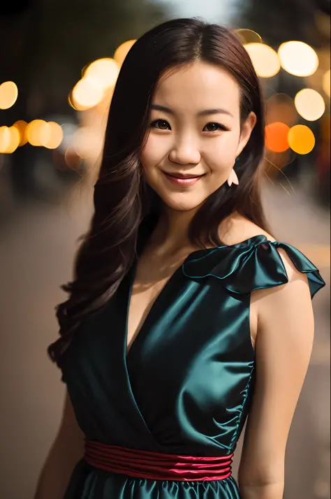 Amai Liu, (sharp focus:1.2), photo, attractive young KariSweets, (handsome face:1.1), detailed eyes, lush lips, (cat eye makeup:0.85), (smile:1.2), wearing (dress:1.2) in one (night street:1.2). (moody lighting: 1.2), depth of field, bokeh, 4K, HDR. by (Ja...