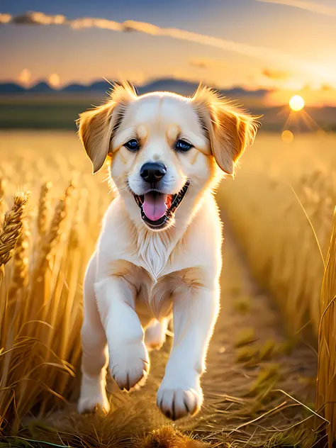 Photo of a very cute puppy running in a golden wheat field, facing the camera, showing his tongue and smiling, sunset sky, white...