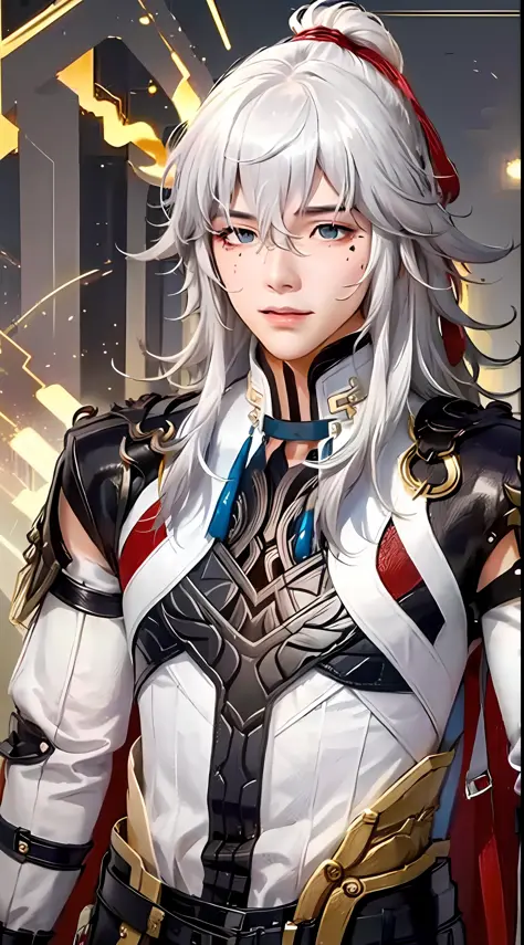 jing yuan(hsr), hair over one eye, 1boy, long hair, white hair, closed mouth, solo, upper body, looking at viewer, smile, male f...