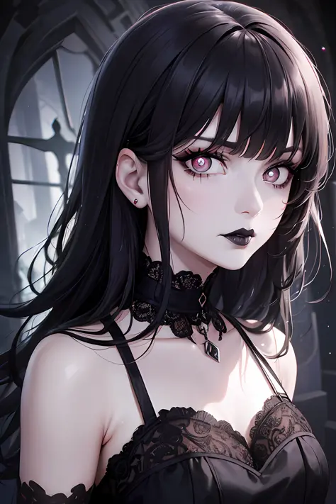 A girl with blood in her eyes, different eyes well drawn, eyes with different pupils, serious face, lips with black lipstick, wearing a mourning dress with lace, white skin, short black hair with bangs, (eyes with different pupils:1.3), horror scenery back...