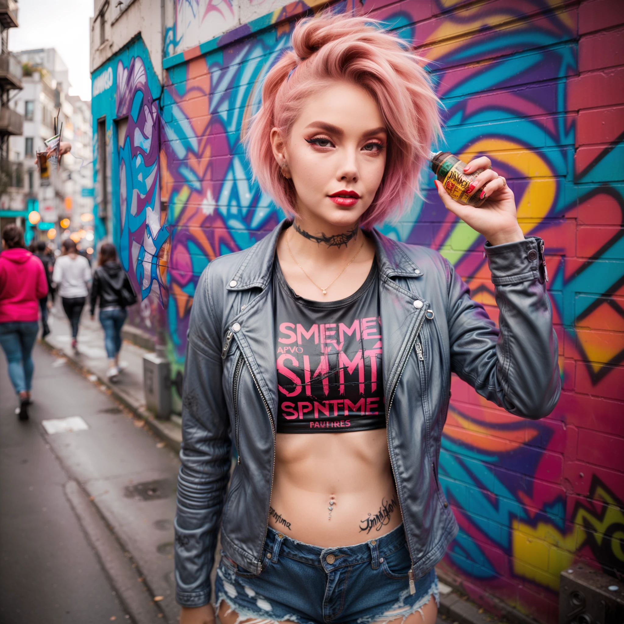 Representing the rebellious spirit, our woman wears a leather jacket over a vintage band t-shirt and ripped jeans. Her makeup features a bold red lip and smudged eyeliner, reflecting her fearless attitude. Her hair is styled in a messy, textured bob, giving her a carefree look. Holding a shot glass of Jameson whiskey, she conveys a sense of adventure. The background design includes graffiti-covered walls and a bustling city street, capturing the urban spirit