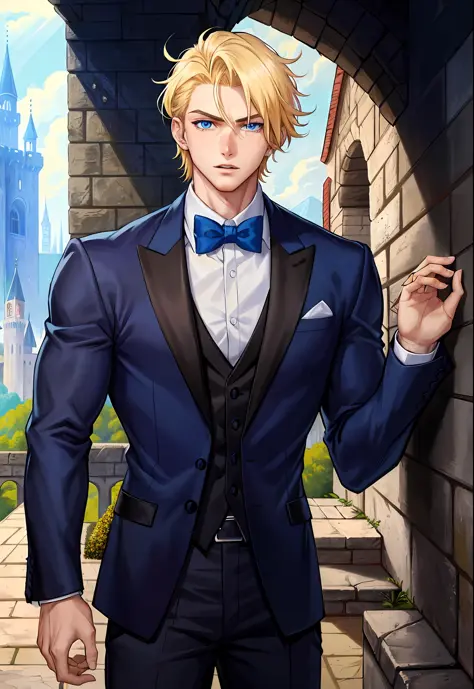 1boy, (man), manly body, anime, extremely detailed, hyper detailed, (broad shoulders), (PERFECT FACE), illustration, soft light, 2d, intricate, cowboy shot, detailed eyes, blond hair, short hair, blue eyes, sexy , bodybuilder, black tuxedo, (outside), cast...