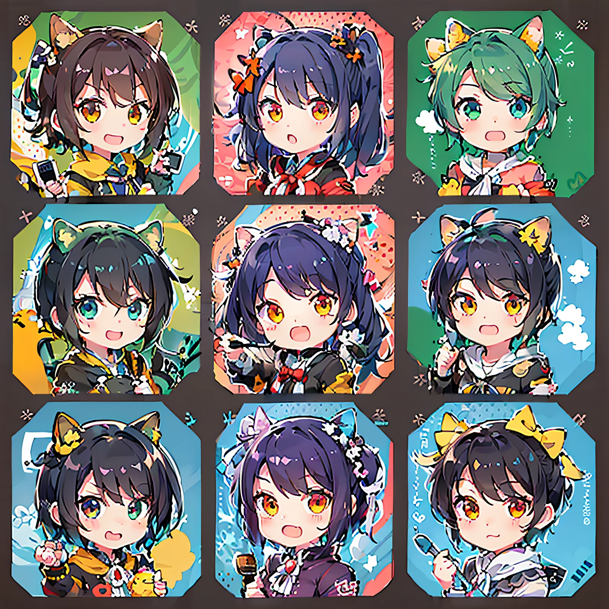 The character's costume is summery, 6 anime character stickers with different expressions, fleet collection style, anime moe art style, girls frontline style, cute art style, Mihoyo art style, official artwork, chibi art, pixiv, style as Nendoroid, cute artwork, 8K!!, various poses, Trending on Art Station pixiv