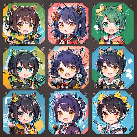 The character's costume is summery, 6 anime character stickers with different expressions, fleet collection style, anime moe art...