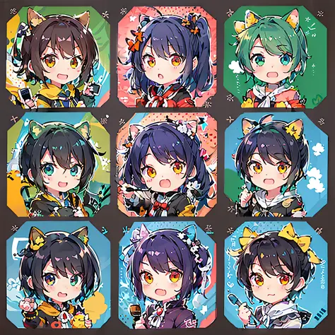 the character's costume is summery, 6 anime character stickers with different expressions, fleet collection style, anime moe art...