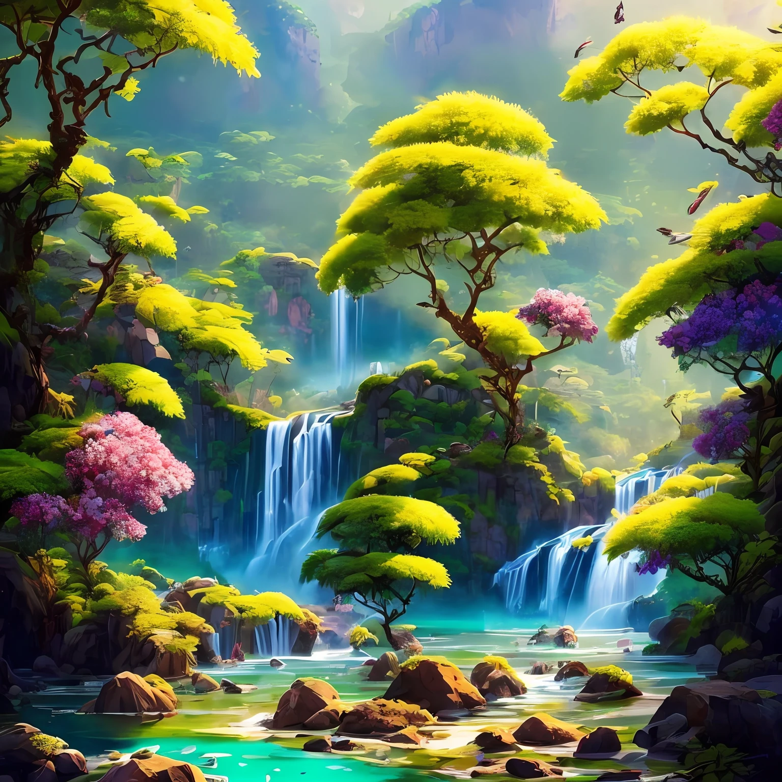 Imagine a stunning landscape of a lush rainforest. Sunlight shines between the tops of tall trees, creating shadow patterns on the moss-covered ground. A majestic waterfall cascades in, creating small pools of crystal clear water. Around, there is a profusion of exotic plants and vibrant flowers in all the colors of the rainbow. Tropical birds fly gracefully in the sky, while playful monkeys jump from branch to branch. The air is filled with the sounds of nature, from the singing of birds to the soft murmurs of the stream. Your task is to create an ultra-realistic representation of this idyllic landscape, capturing every detail and magical atmosphere of the place --auto