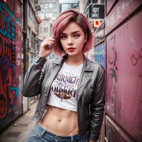 representing the rebellious spirit, our woman wears a leather jacket over a vintage band t-shirt and ripped jeans. her makeup fe...