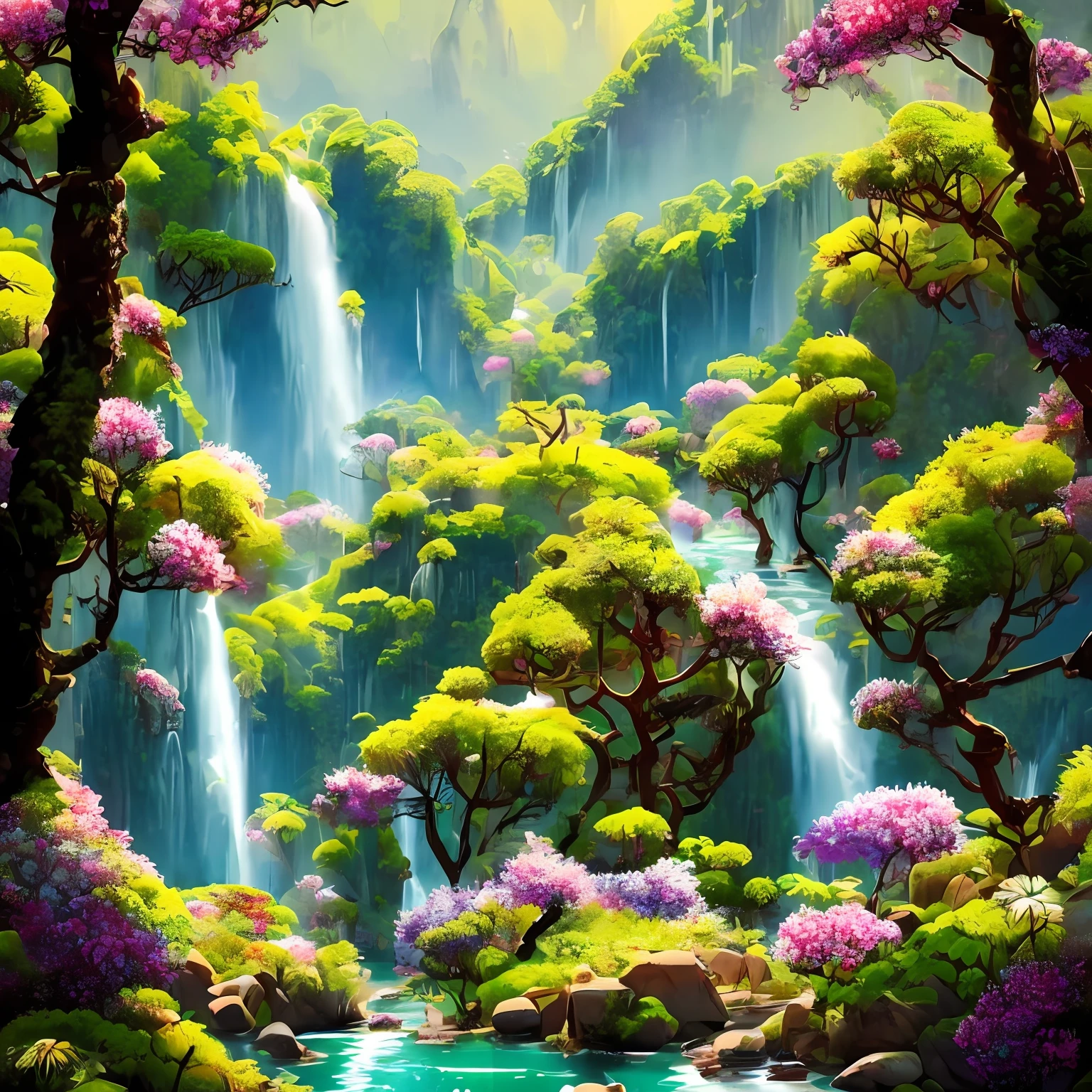 Imagine a stunning landscape of a lush rainforest. Sunlight shines between the tops of tall trees, creating shadow patterns on the moss-covered ground. A majestic waterfall cascades in, creating small pools of crystal clear water. Around, there is a profusion of exotic plants and vibrant flowers in all the colors of the rainbow. Tropical birds fly gracefully in the sky, while playful monkeys jump from branch to branch. The air is filled with the sounds of nature, from the singing of birds to the soft murmurs of the stream. Your task is to create an ultra-realistic representation of this idyllic landscape, capturing every detail and magical atmosphere of the place --auto