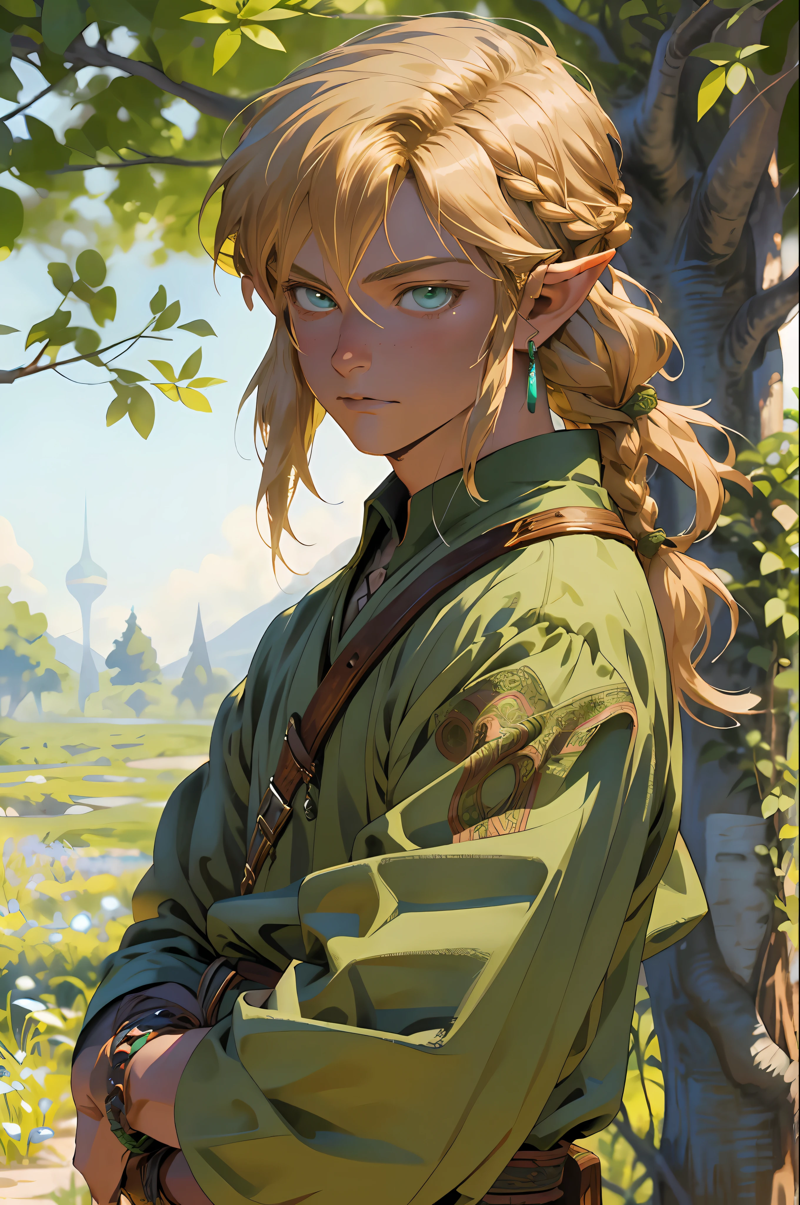 Realistic, (masterpiece, top quality, best quality, official art,), very detailed, most detailed, (1boy:1.3), gods, blonde hair, mysterious, handsome man, ((zelda style)), prairie, herdsmen, pale green clothes, ornaments, earrings, single braids