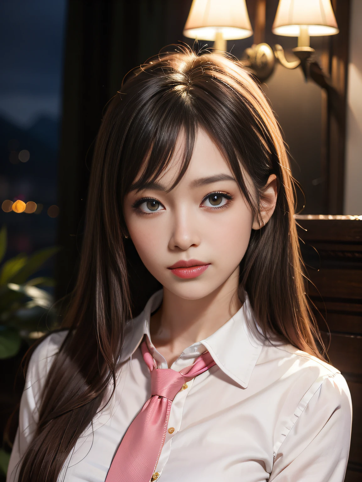 1girl,Best quality,masterpiece,ultra high res,intricate detail,finely detail,depth of field,(photorealistic:1.4),upper body,standing,long hair,parted bangs,straight hair,brownness hair,pink miniskirt,looking at viewer,shirt,necktie,blusher,shiny skin,night,