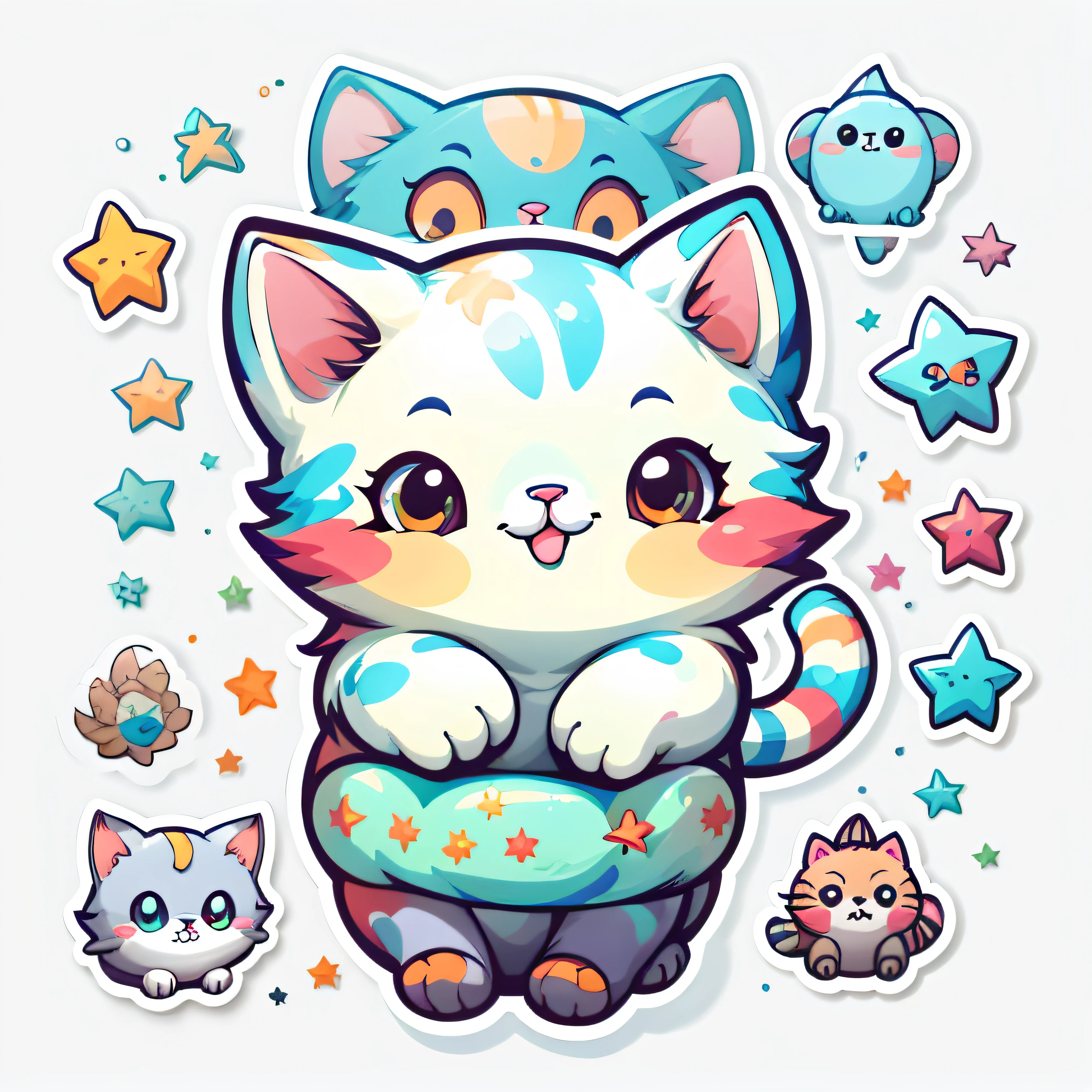 1 sticker, sticker, (cute, cat), stars, white background, no background, simple background, minimal, cute, tiny, pastel color, vector style, no gradient,