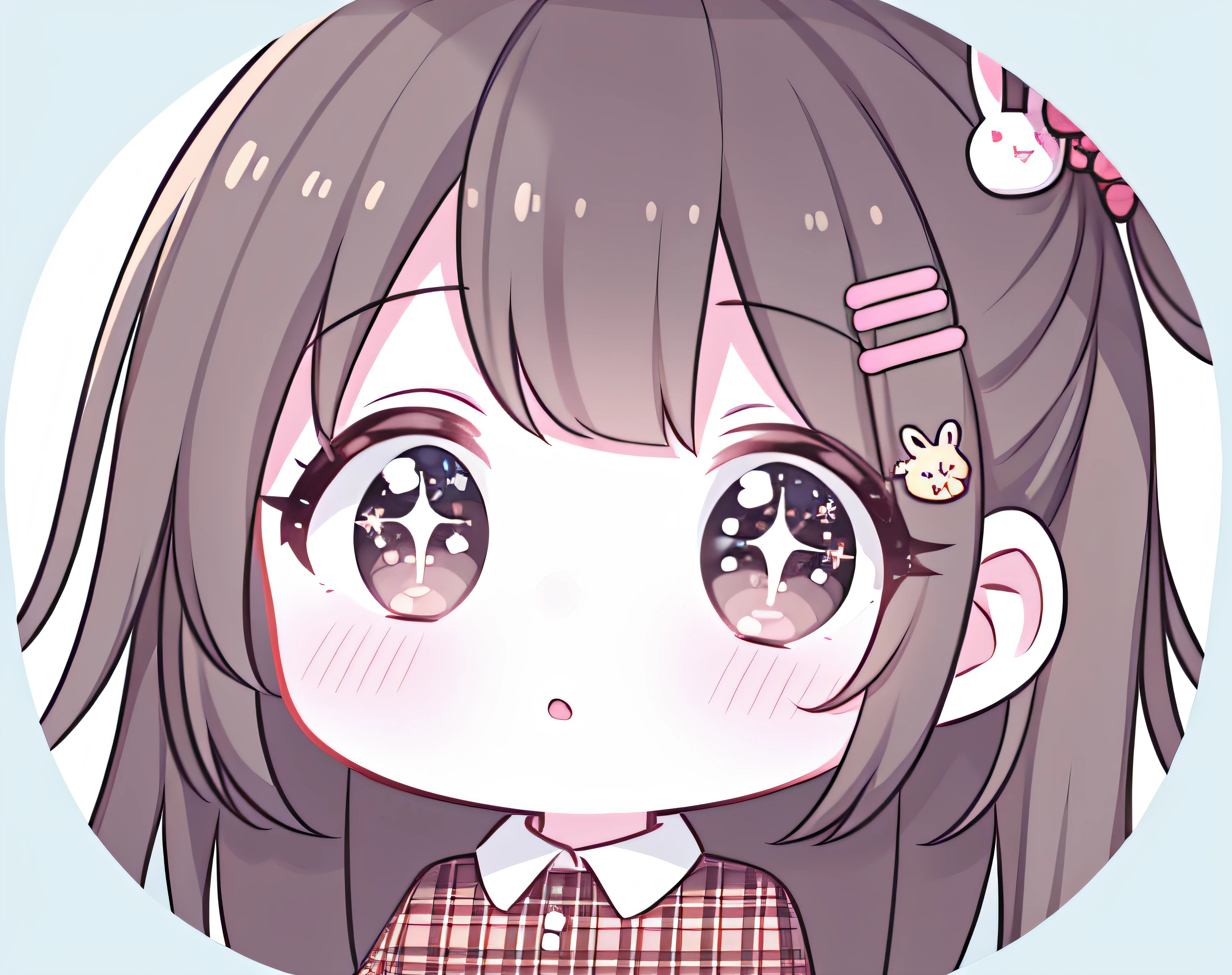 round image, caizi touxiang, 1girl, heart, solo, hair ornament, virtual youtuber, symbol-shaped pupils, ahoge, brown hair, heart-shaped pupils, stuffed toy, long hair, plaid, blush, stuffed animal, bangs, brown eyes, shirt, holding, outline, heart ahoge, white outline, holding stuffed toy, stuffed bunny, plaid shirt, upper body, collared shirt, chibi, parted lips, rabbit hair ornament, looking at viewer, long sleeves, simple background, sparkle, unmoving pattern, hairclip